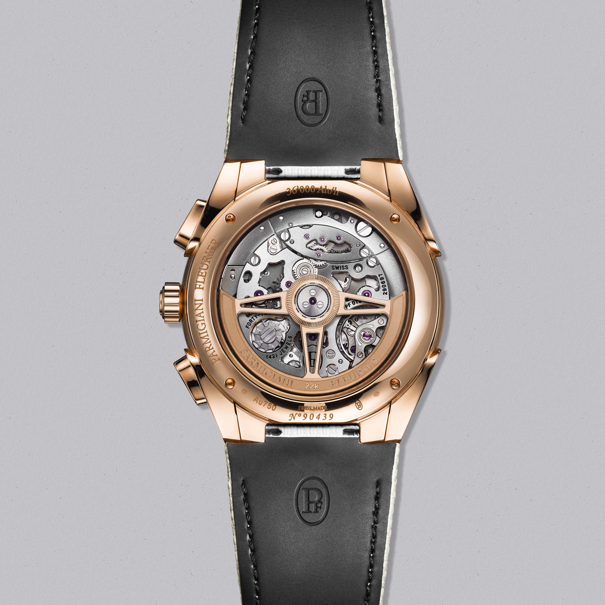 Discover the Tonda PF Sport Chronograph No Date in rose gold, featuring a silver sandstone dial and COSC-certified movement by Parmigiani Fleurier.