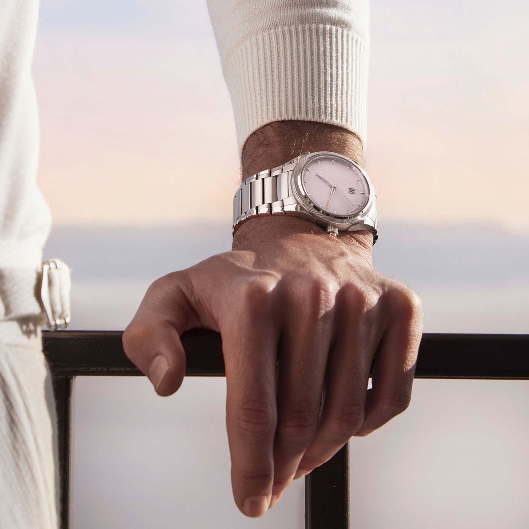 A study in restraint: the Parmigiani TONDA PF Minute Rattrapante Arctic Rose, pairing delicate hues with the brand’s inventive split-minute mechanism.