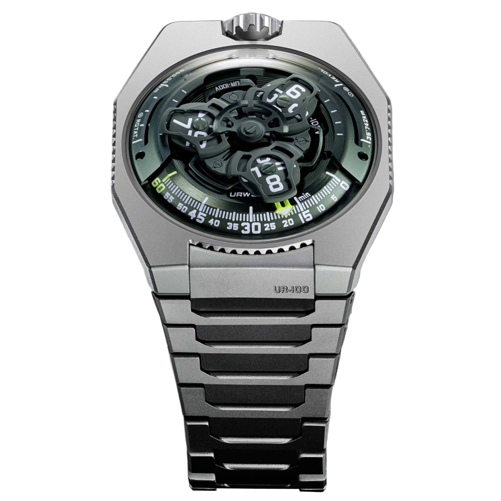Discover the URWERK UR-100V Magic T Hunter Green, a titanium timepiece with satellite hours and orbital minutes, crafted for true watch connoisseurs.