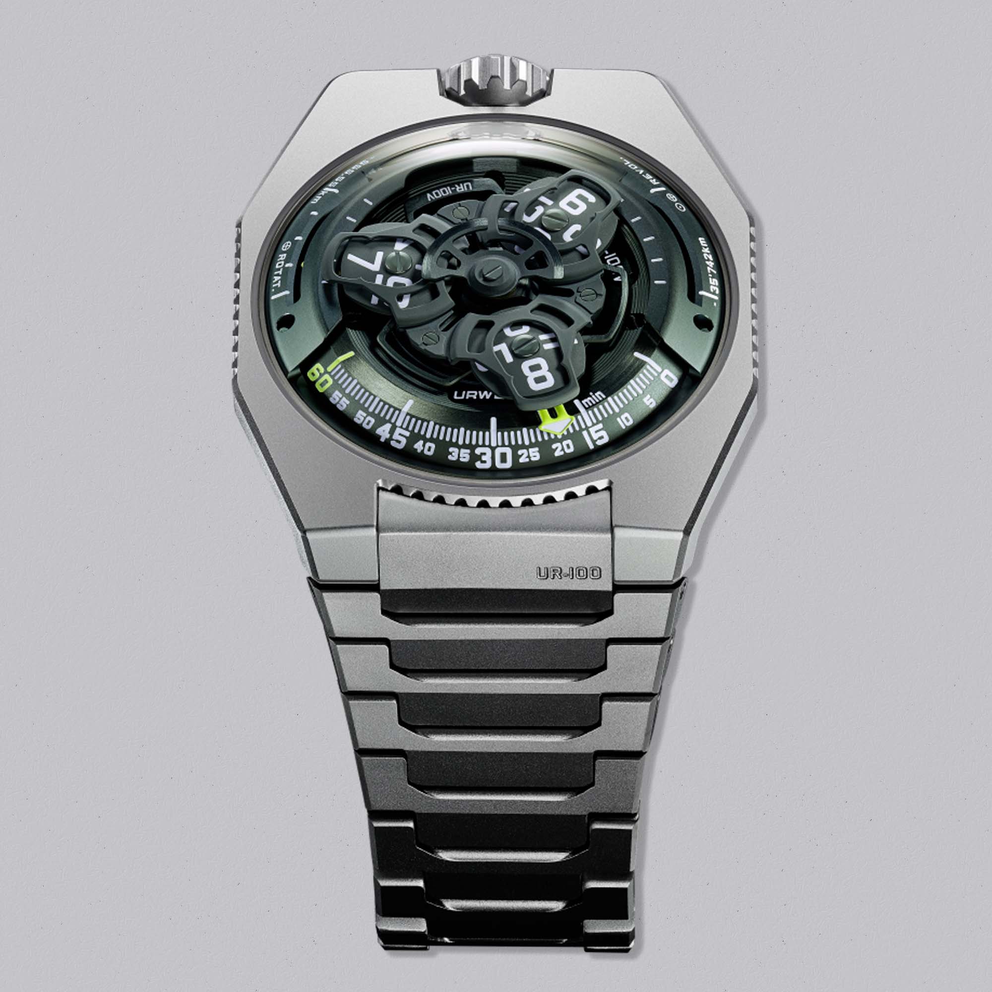 Discover the URWERK UR-100V Magic T Hunter Green, a titanium timepiece with satellite hours and orbital minutes, crafted for true watch connoisseurs.