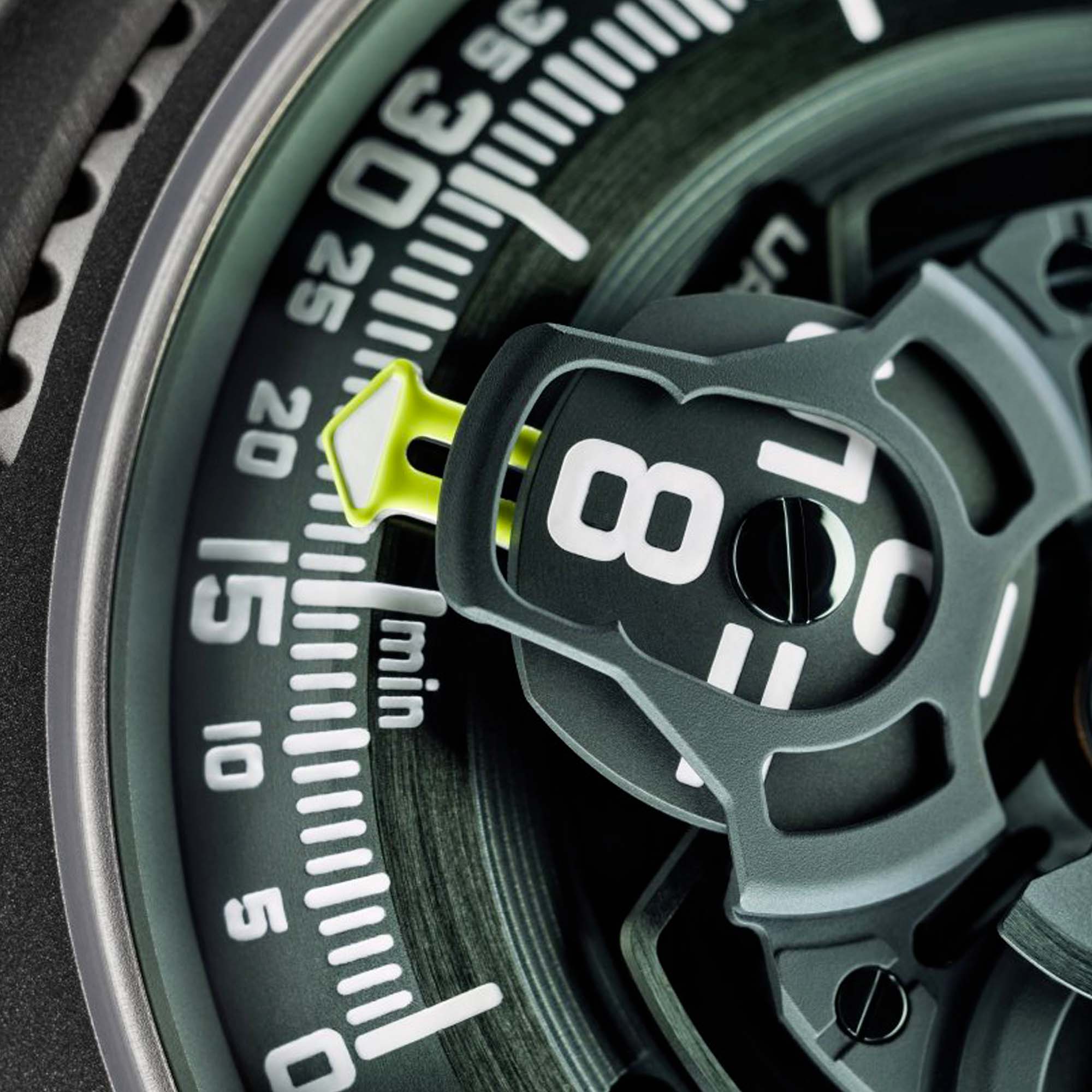 The URWERK UR-100V Magic T Hunter Green blends titanium strength with futuristic design—satellite time display meets avant-garde Swiss watchmaking.