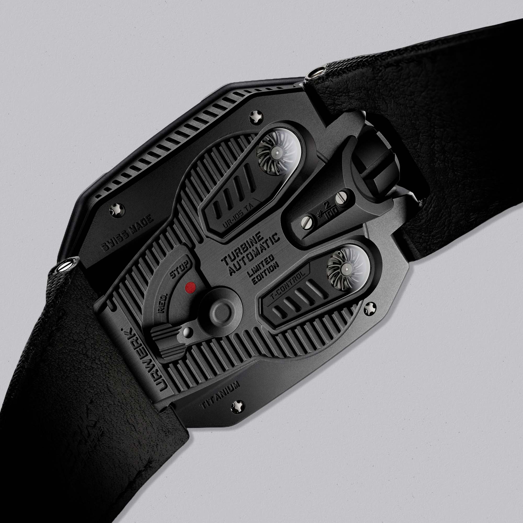 Discover the UR-105 CT Black by URWERK. A futuristic watch with a sliding cover revealing the satellite hour system. Dark, technical, and rare.