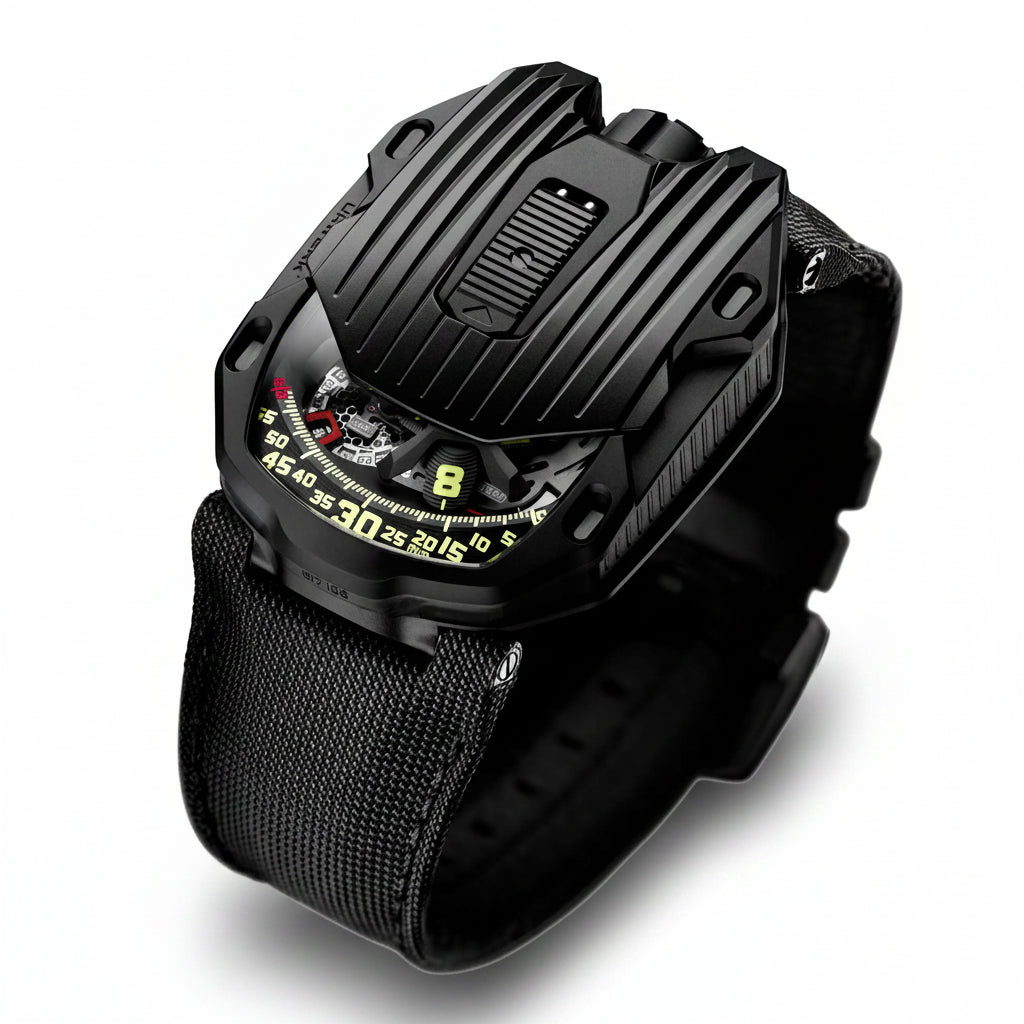 The URWERK UR-105 CT Black features a sliding cover, satellite hours and stealth design. A bold, limited masterpiece of independent watchmaking.
