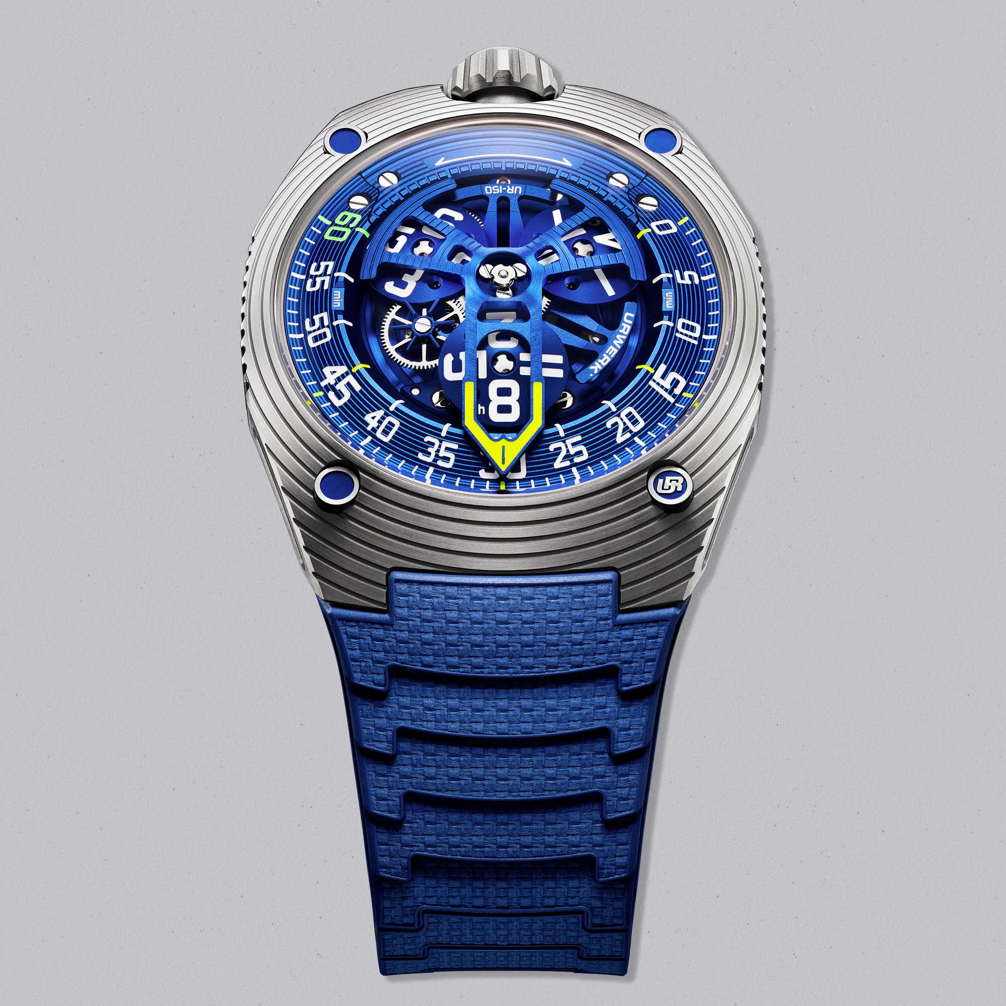 Discover the URWERK UR-150 Blue Scorpion, limited to 50 pieces. A futuristic design with satellite time display and bold blue accents.