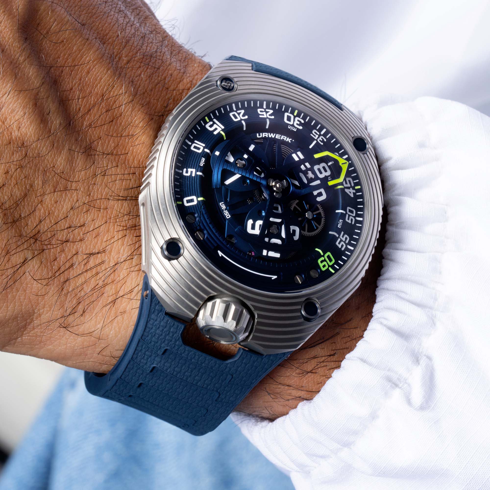 URWERK’s UR-150 Blue Scorpion, a 50-piece limited edition. Futuristic satellite time, innovative mechanics, and standout blue scorpion style.