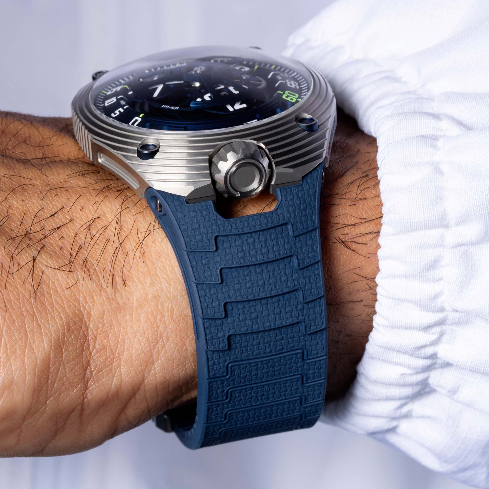 Discover the URWERK UR-150 Blue Scorpion. A 50-piece edition featuring satellite hours and daring blue design for visionary collectors.