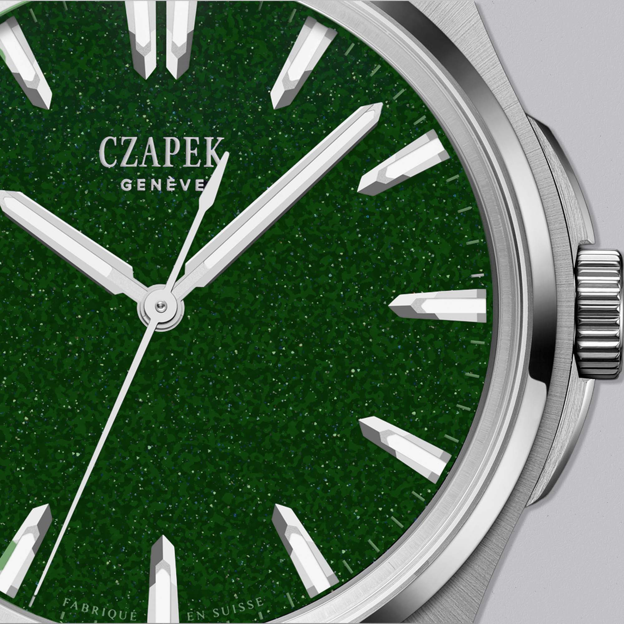 The Czapek Antarctique Green Aventurine 40.5mm bespoke piece unites shimmering aventurine with bold design, a unique expression of horology.