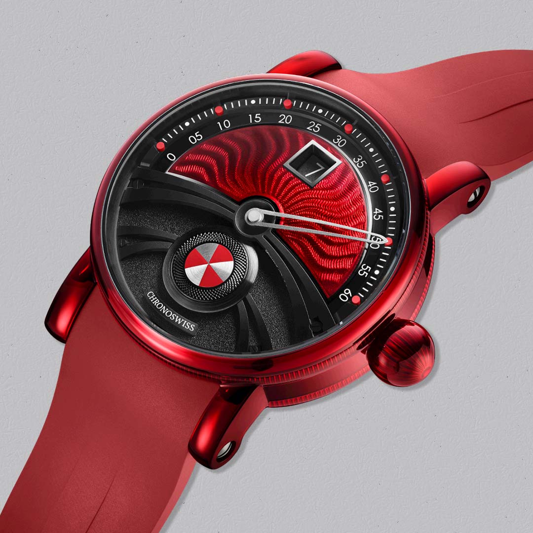 The Delphis Firestarter by Chronoswiss features a hand guilloché red enamel dial and futuristic composite titanium case.