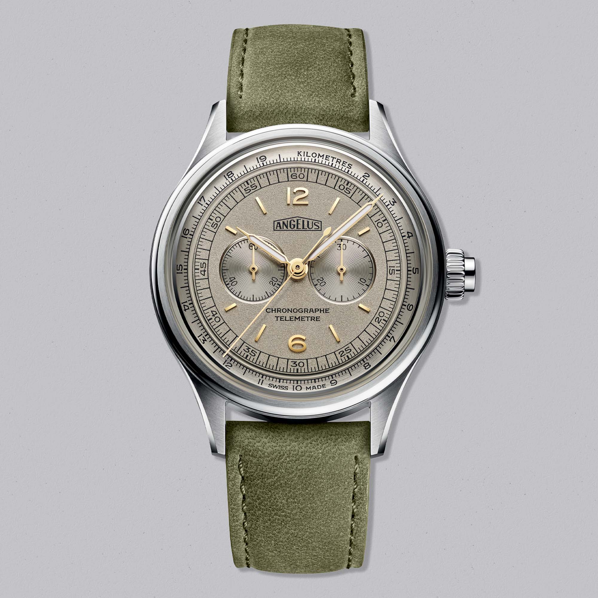 The Angelus Chronographe Télémetre in Steel Grey combines vintage chronograph styling with modern craftsmanship and a classic telemeter scale.