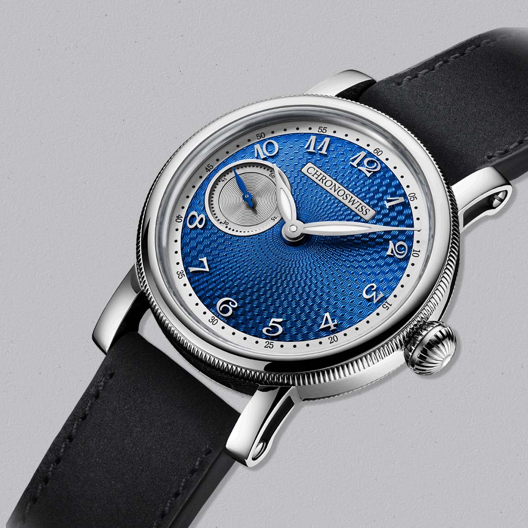 The Evolution Small Second Blue Orbit by Chronoswiss pairs traditional guilloché craftsmanship with contemporary design and daily wearability.