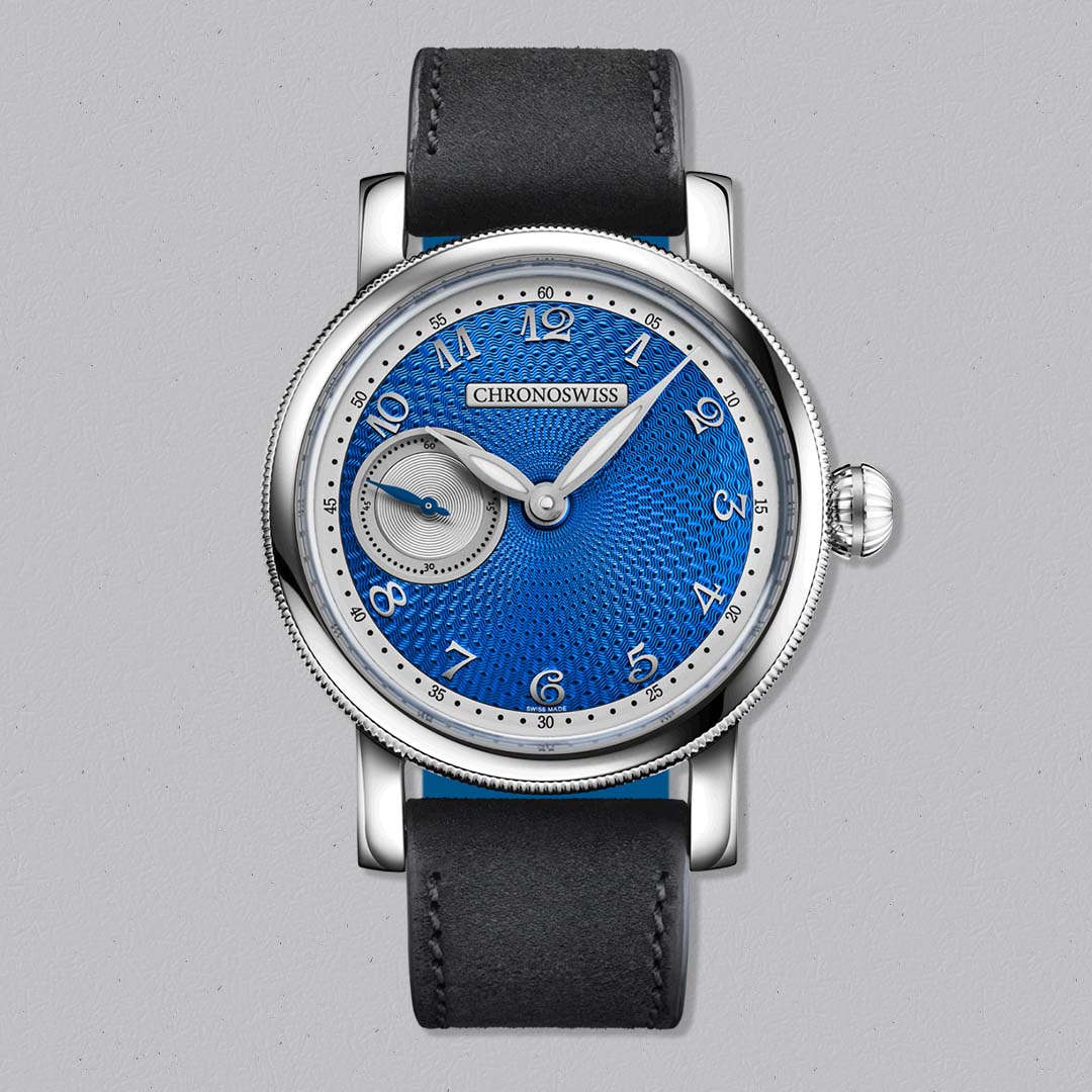 Chronoswiss Evolution Small Second Blue Orbit with hand guillochéd blue dial and Manufacture Calibre C.6000 in a 40mm stainless steel case.