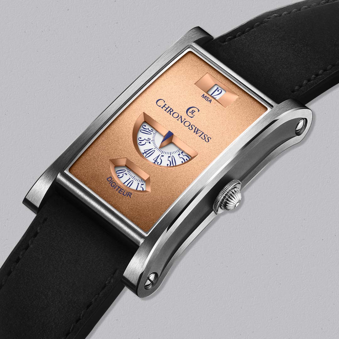 The Chronoswiss Neo Digiteur Sand reimagines mechanical time with a handless digital display and sculptural design. Stainless steel, limited to 99 pieces.