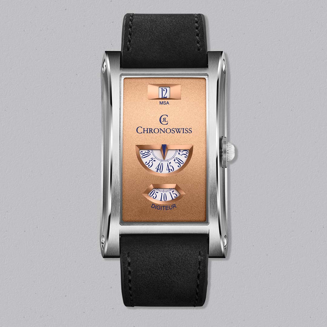 Chronoswiss Neo Digiteur Sand in stainless steel, a mechanical watch without hands featuring jumping hours and digital minutes. Limited to 99 pieces at Swiss Gallery UK.