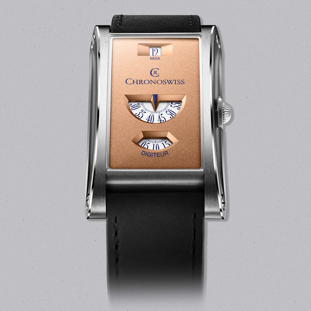 Chronoswiss Neo Digiteur Sand, a modern mechanical icon celebrating 20 years of the Digiteur with a distinctive digital regulator display. Limited to 99 pieces.