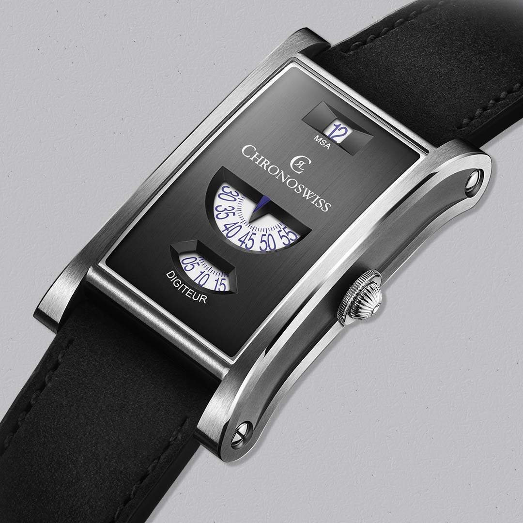 Shop the Chronoswiss Neo Digiteur Granit at Swiss Gallery UK, a rare mechanical digital watch with jumping hours, sweeping seconds and stainless steel case.