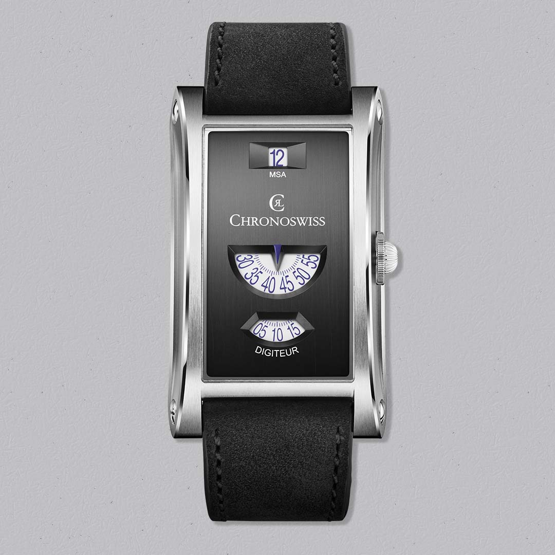 Chronoswiss Neo Digiteur Granit in stainless steel, a hand-wound mechanical watch with jumping hours and digital minutes. Limited to 99 pieces, available at Swiss Gallery UK.