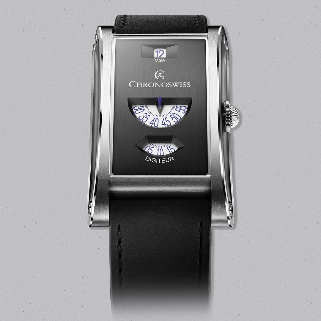 Chronoswiss Neo Digiteur Granit, a modern mechanical icon celebrating 20 years of the Digiteur with a hand-wound movement and digital time display. Limited to 99 pieces.