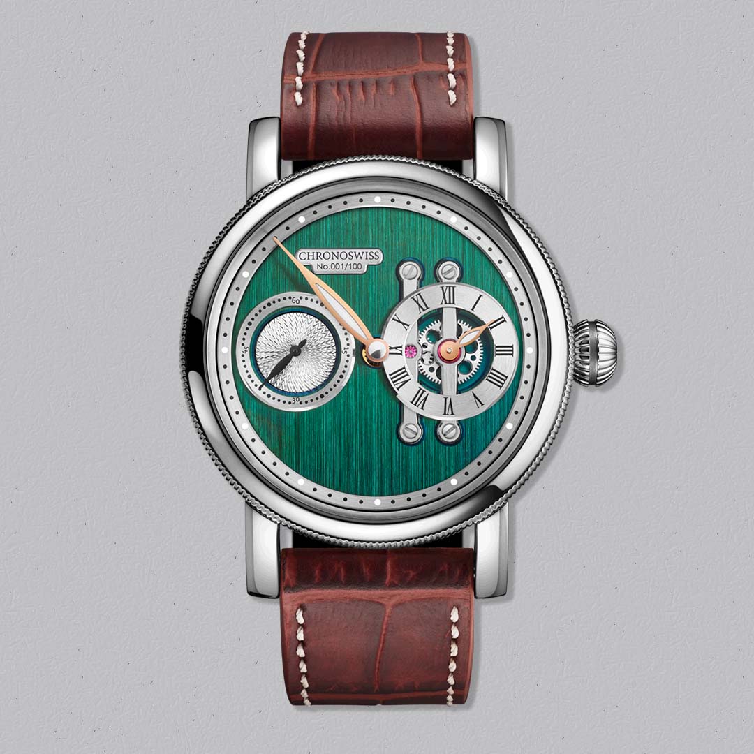 Chronoswiss Evolution STRIKE TWO HIGHLAND, a modern regulator watch in stainless steel with refined dial textures and contemporary design.