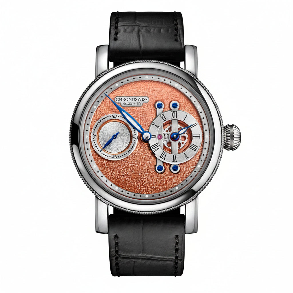 Chronoswiss Evolution STRIKE TWO TERRA in stainless steel with a brown PVD laser-engraved dial and horizontal regulator display. Limited to 100 pieces.