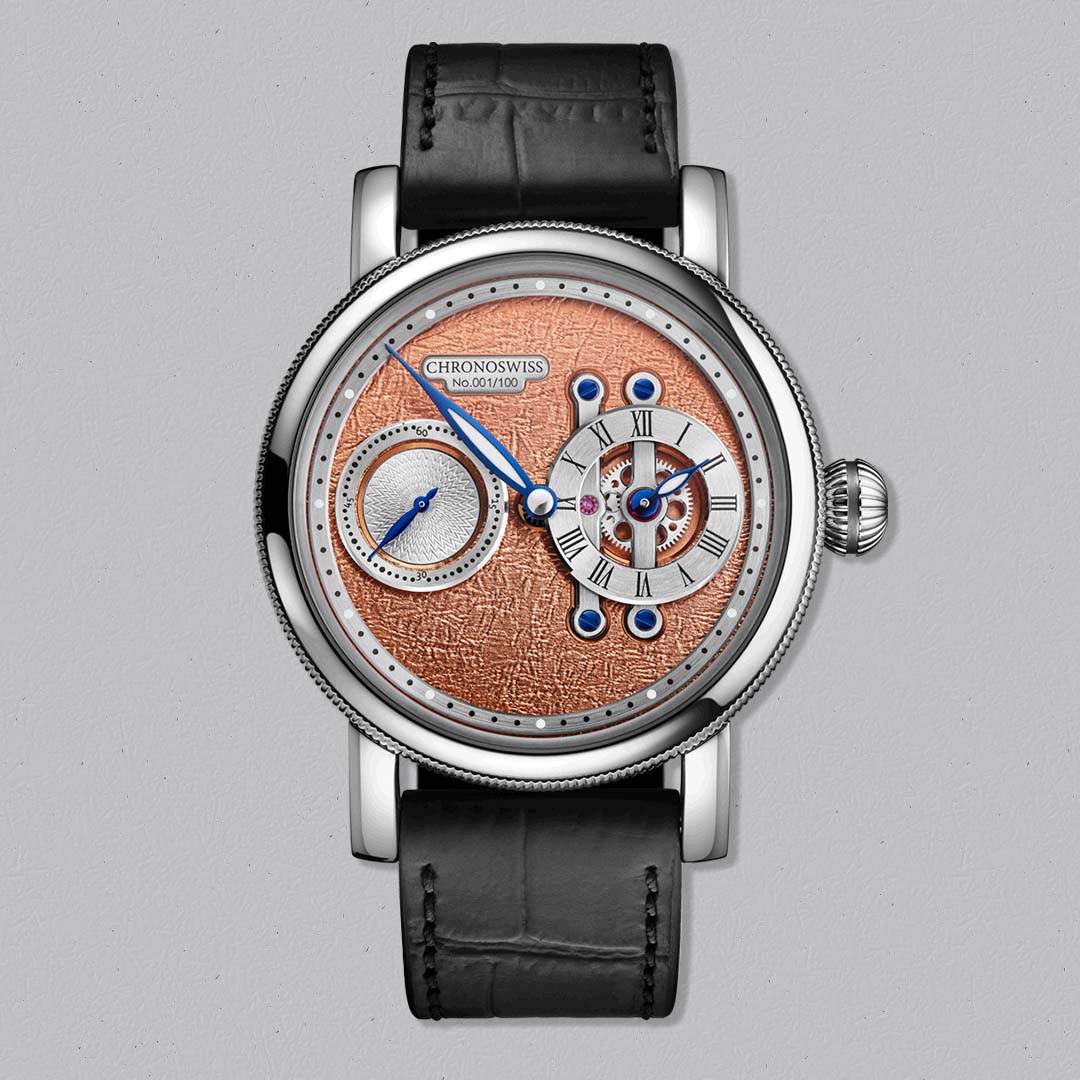 Chronoswiss Evolution STRIKE TWO TERRA in stainless steel with a brown PVD laser-engraved dial and horizontal regulator display. Limited to 100 pieces.