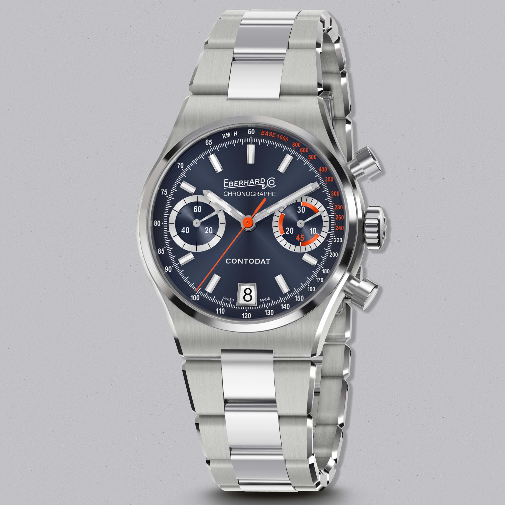 Eberhard Contodat Chronographe 31156.01 CA2C with blue dial and stainless steel bracelet. Swiss automatic chronograph available from authorised UK retailer Swiss Gallery.