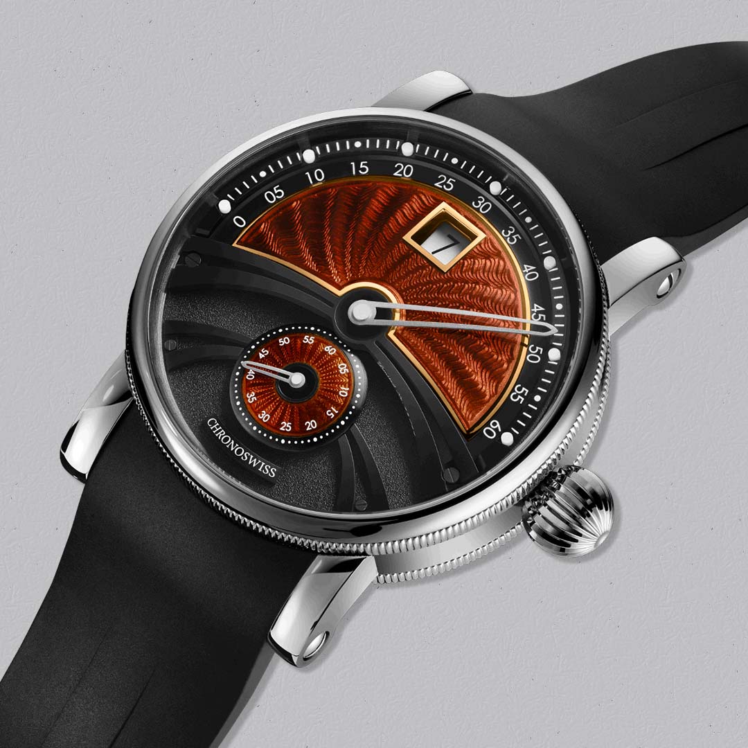 The Evolution Delphis Dune by Chronoswiss pairs titanium construction with guilloché enamel craftsmanship.