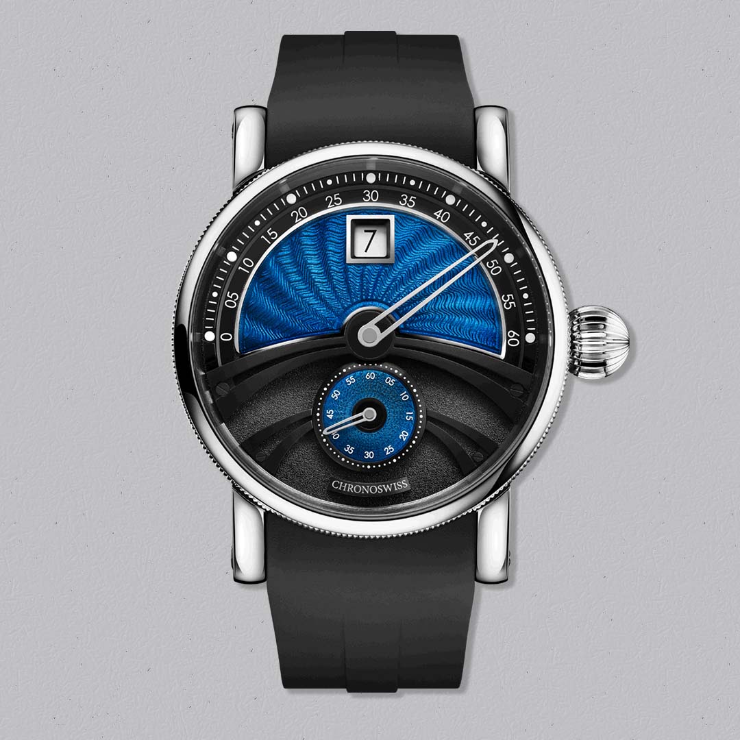 Chronoswiss Evolution Delphis Horizon with hand guilloché dial, Delphis display and Grade 5 titanium case.