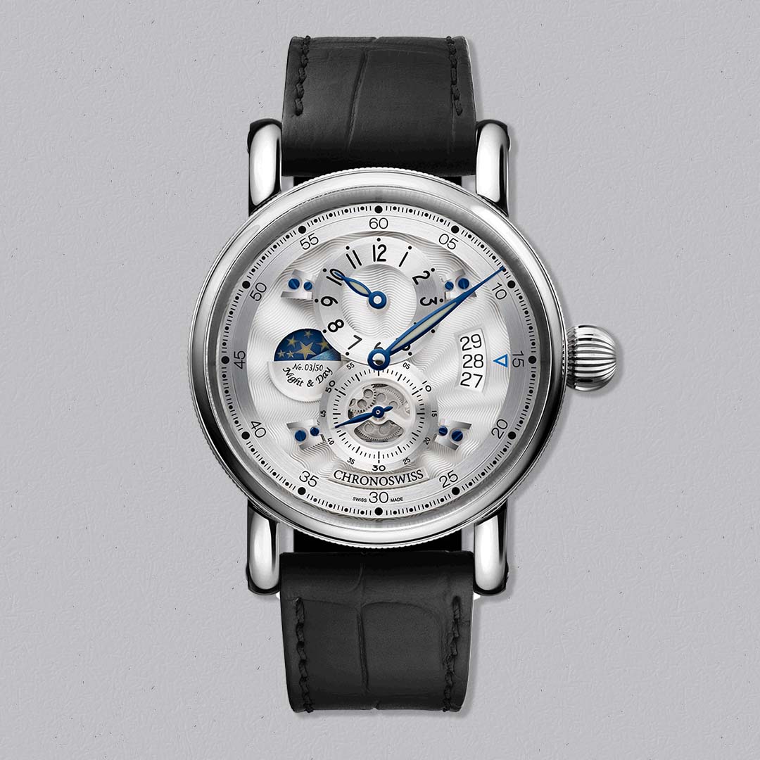 Chronoswiss Evolution Night & Day Whiteout with hand guilloché silver dial and 3D day night display.