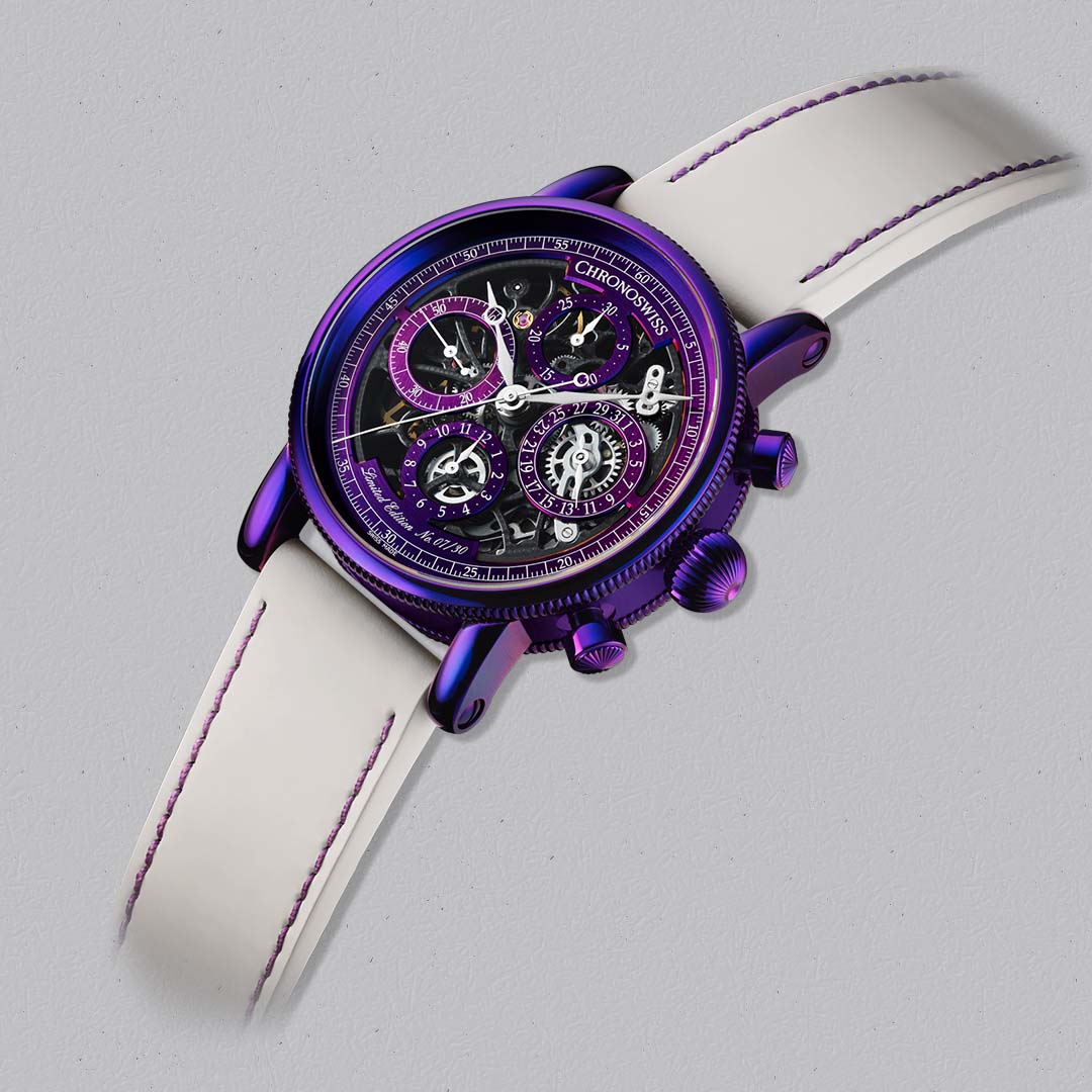 Shop the Chronoswiss Evolution Opus Purple Rain at Swiss Gallery UK, a limited edition skeleton chronograph.