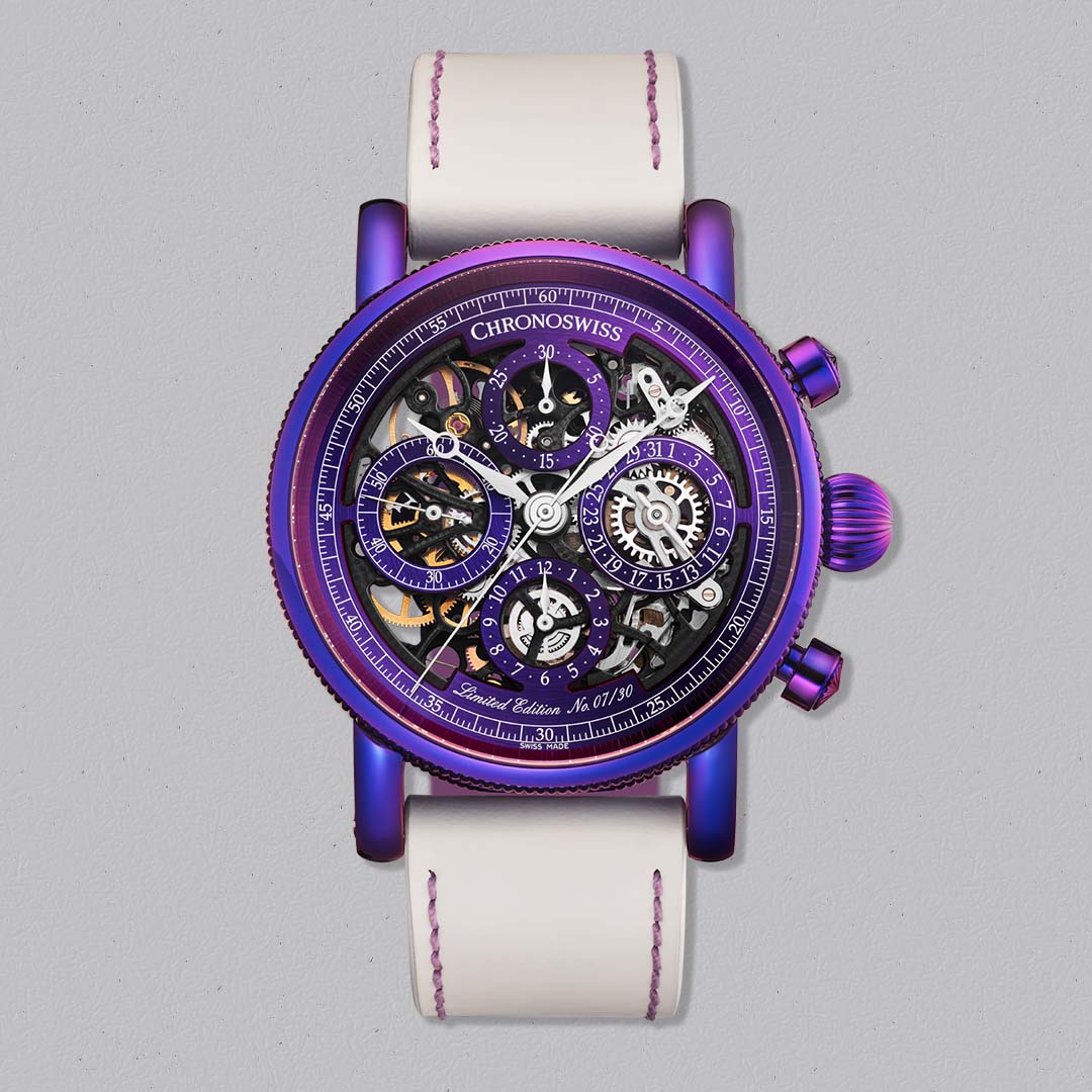 Chronoswiss Evolution Opus Chronograph Purple Rain in purple CVD coated titanium with skeletonised dial. Limited to 30 pieces.