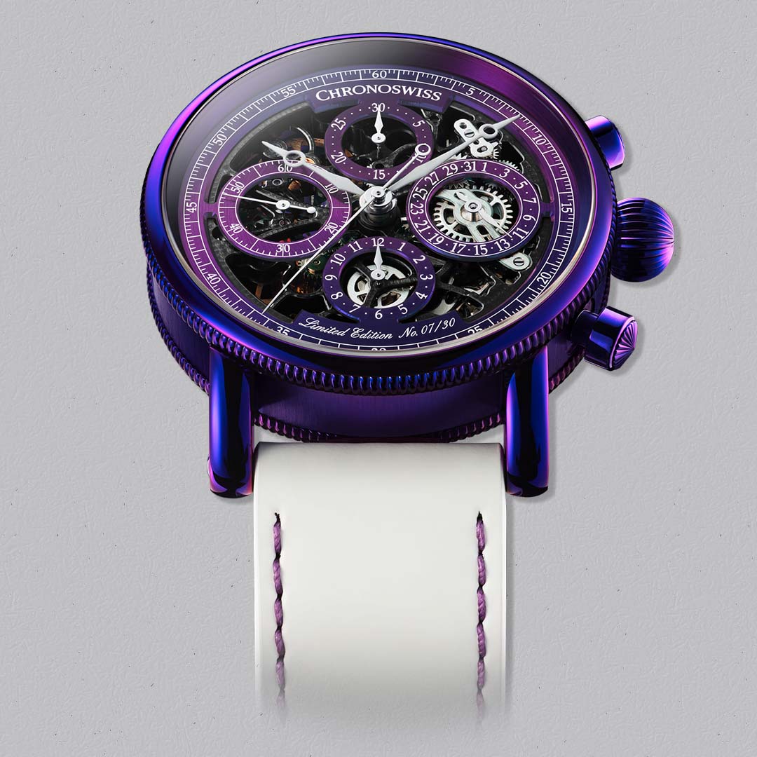 The Evolution Opus Chronograph Purple Rain by Chronoswiss features Calibre C.741S and bold purple design.
