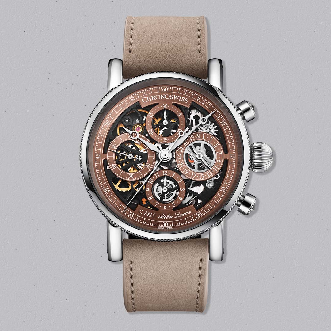 Chronoswiss Evolution Opus Chronograph Dakar in Grade 5 titanium with skeletonised dial and desert inspired tones.