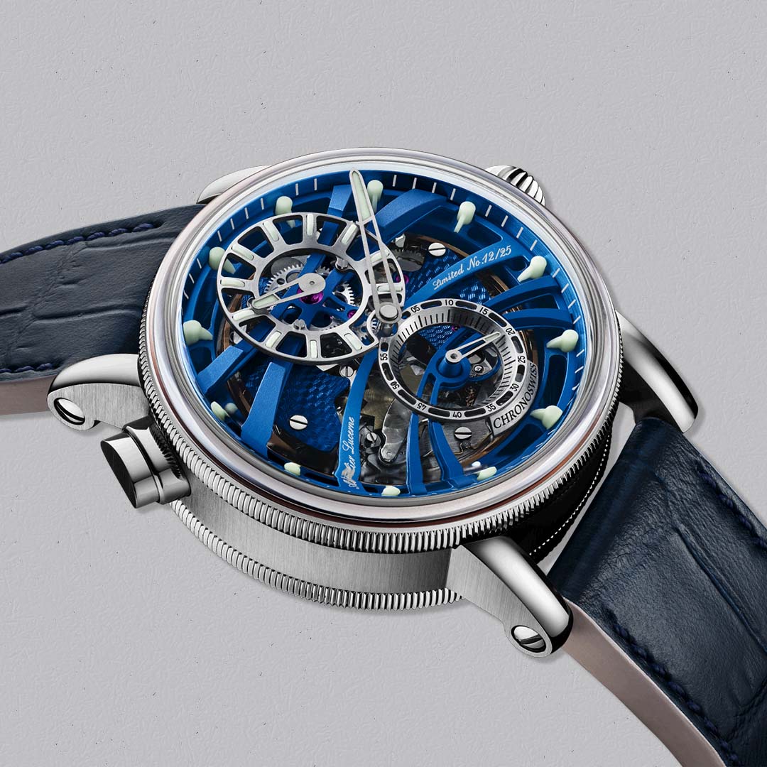 Shop the Chronoswiss Quarter Repeater Blue Note at Swiss Gallery UK, a rare acoustic timepiece with skeletonised architecture.