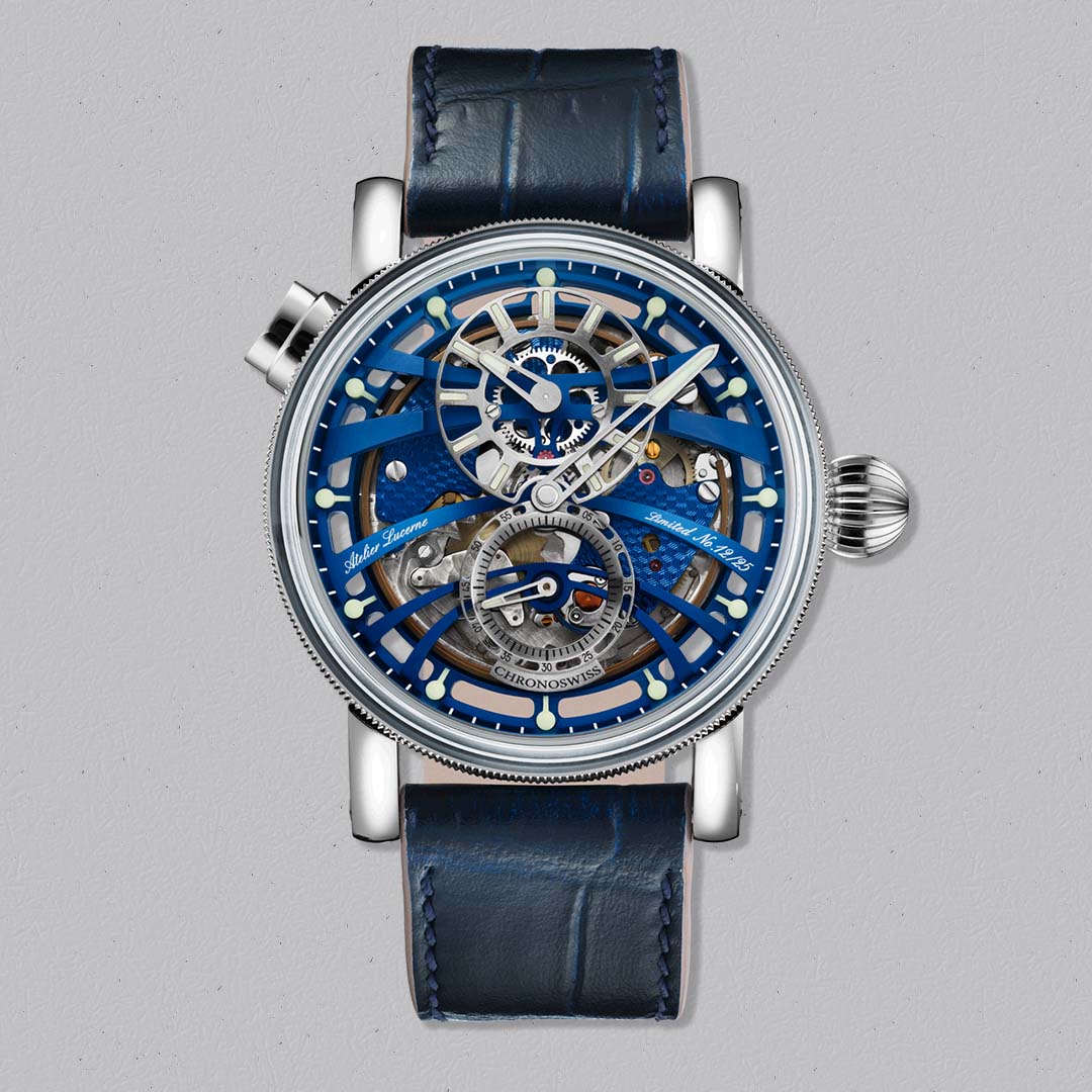 Chronoswiss Quarter Repeater Blue Note in Grade 5 titanium with quarter repeater complication and visible hammers.