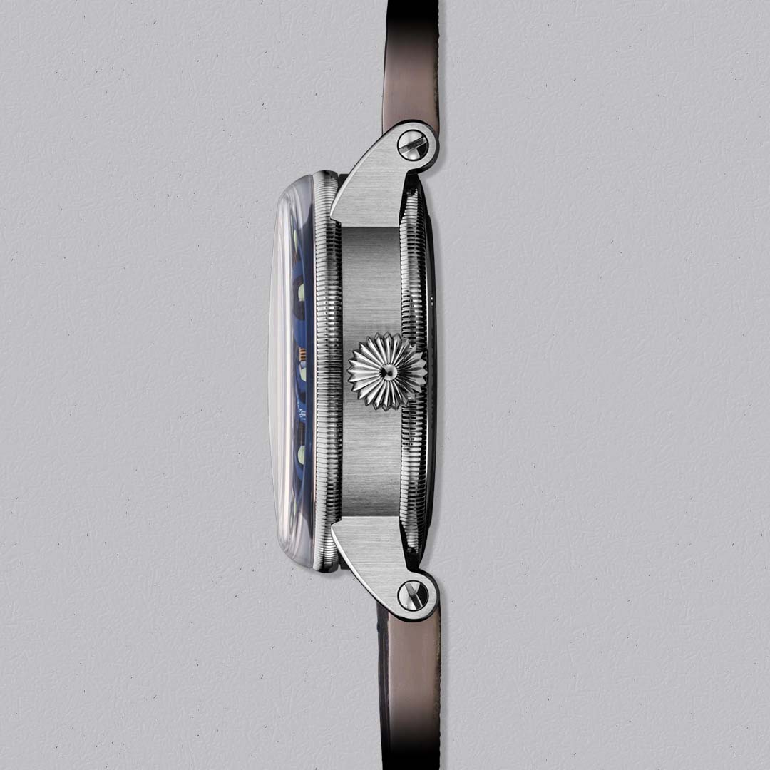 The Quarter Repeater Blue Note by Chronoswiss chimes hours and quarter hours on demand in a titanium case.