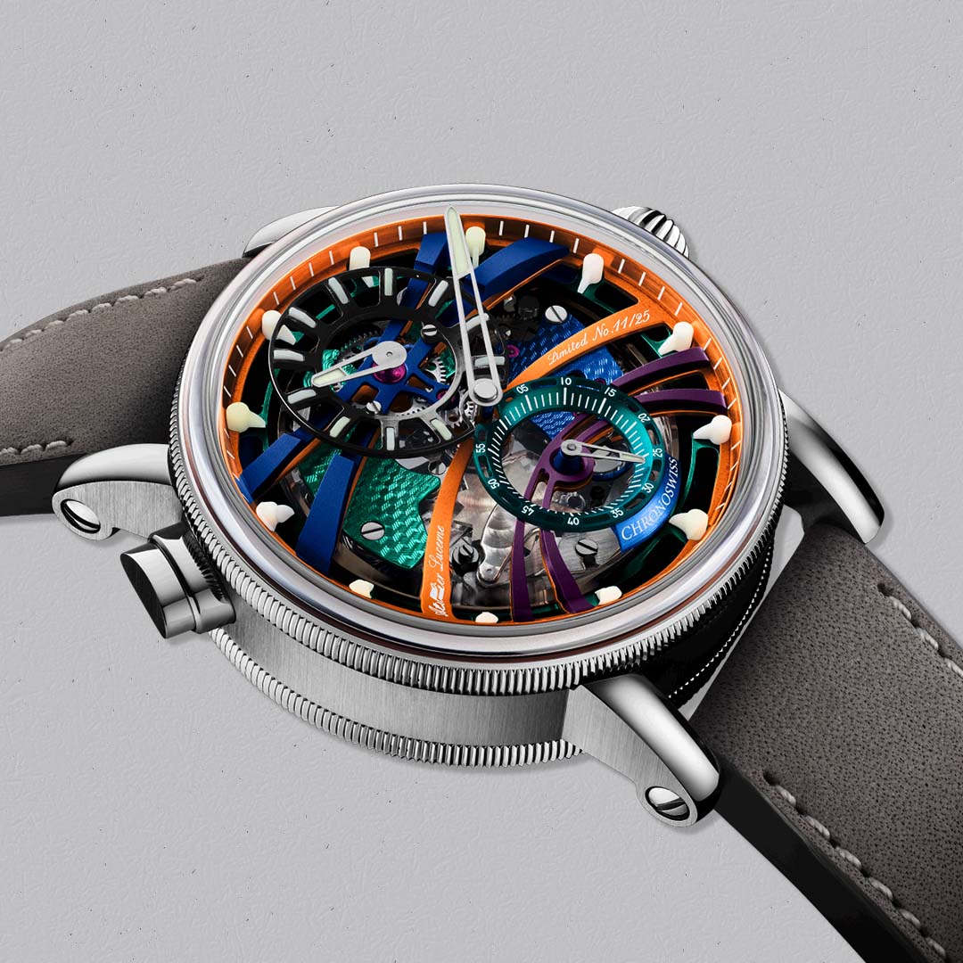 Shop the Chronoswiss Q-Repeater Scream at Swiss Gallery UK, a rare titanium repeater with exposed mechanics and vivid CVD accents.