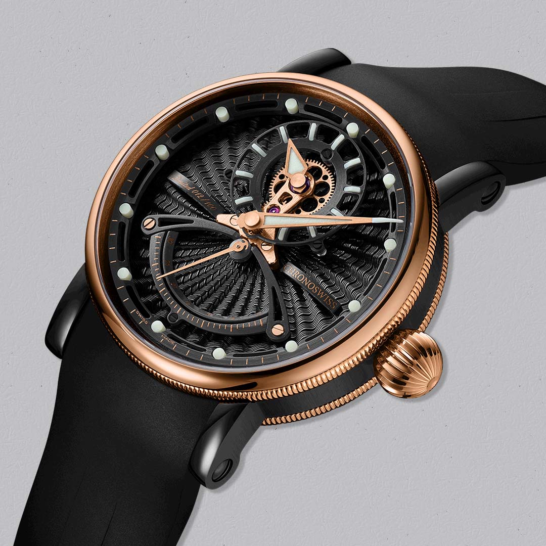 The Evolution ReSec Obsidian by Chronoswiss pairs dark DLC titanium with refined 18ct gold and retrograde seconds.