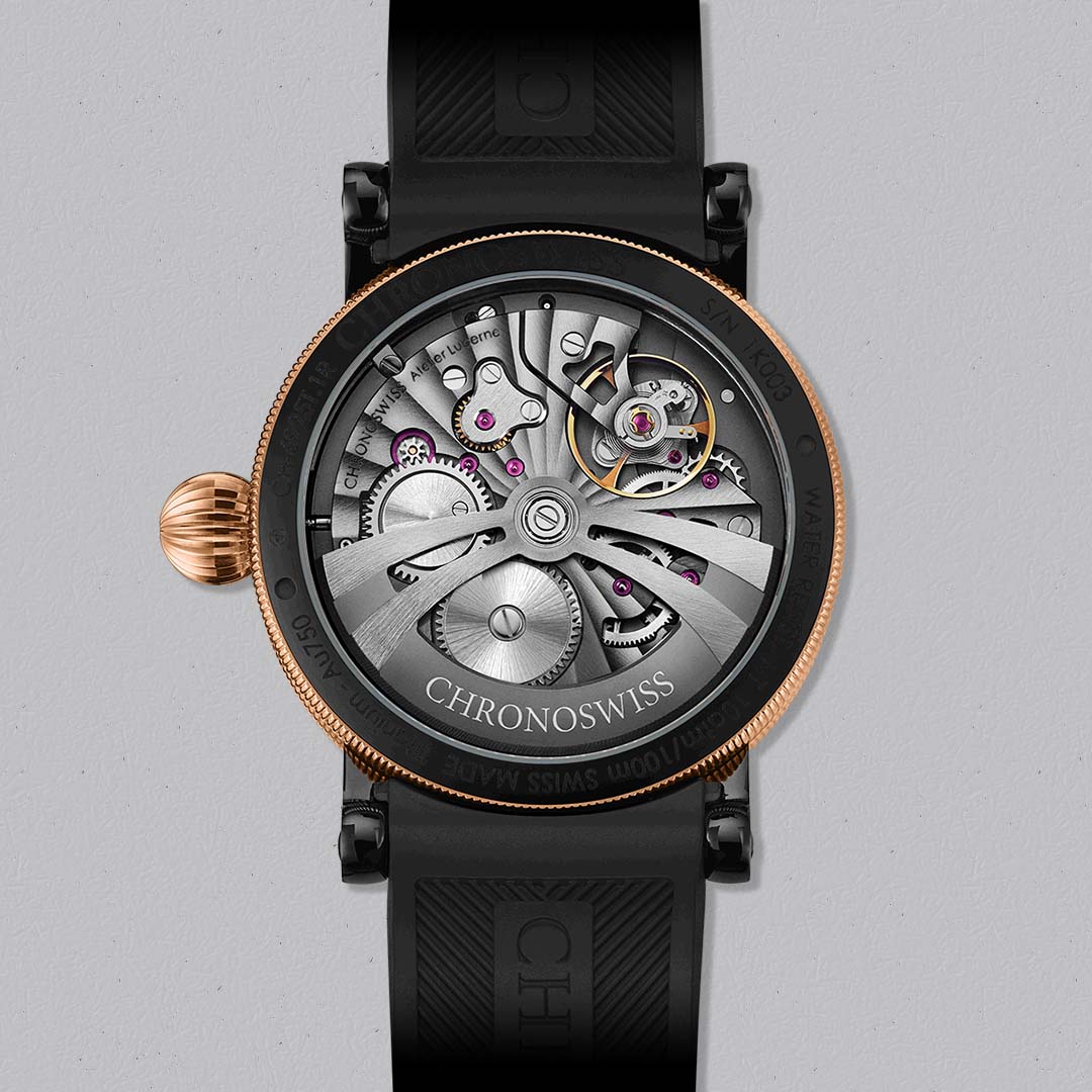 Discover the Chronoswiss Evolution ReSec Obsidian, a modern regulator watch with guilloché dial and gold details.