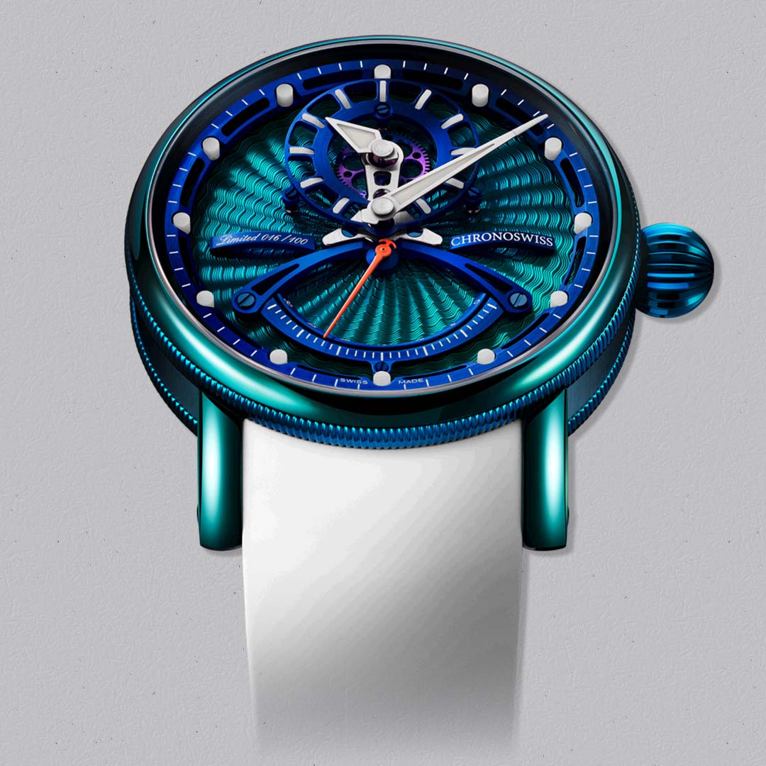 Chronoswiss Evolution ReSec Snake, a next generation mechanical watch with green PVD titanium case and dynamic regulator display.