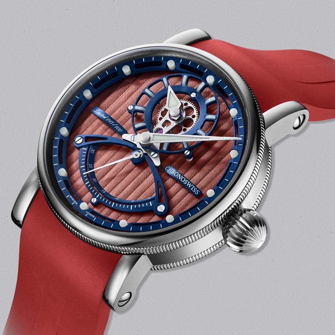 Shop the Chronoswiss ReSec Vertical Red at Swiss Gallery UK, a contemporary regulator timepiece with bold architectural design.