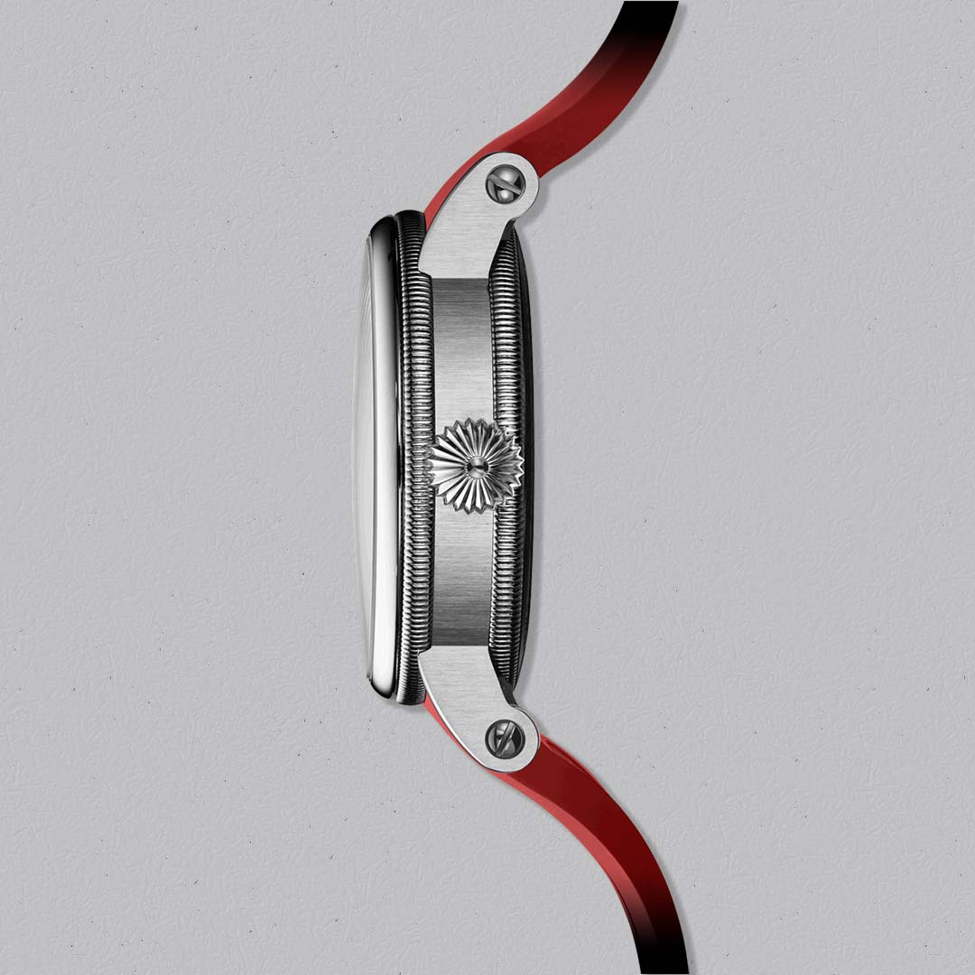 The ReSec Vertical Red by Chronoswiss features a titanium case, hand guilloché dial and 55 hour power reserve.