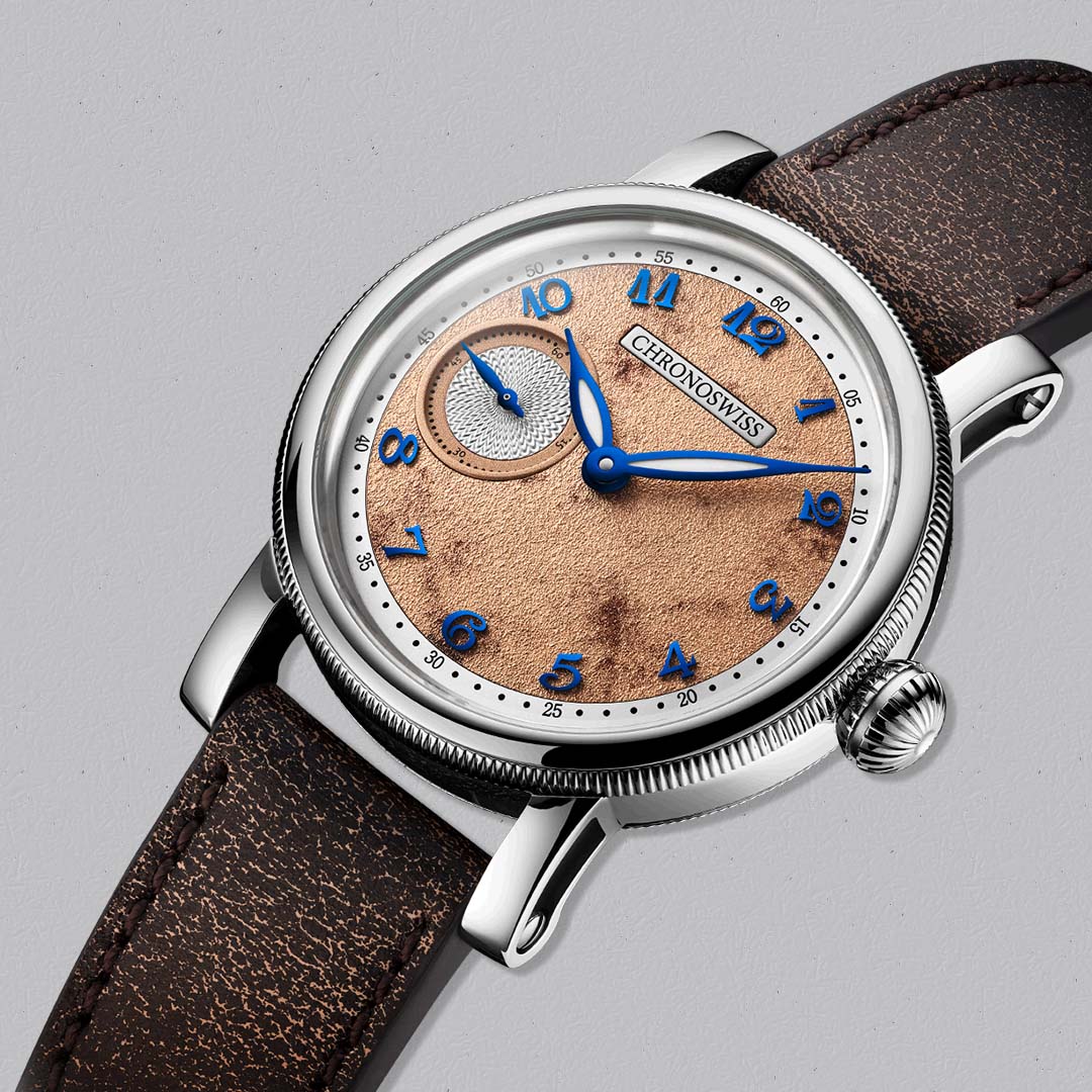 Shop the Chronoswiss Evolution Small Second Desert at Swiss Gallery UK, featuring a small seconds layout and 55 hour power reserve.