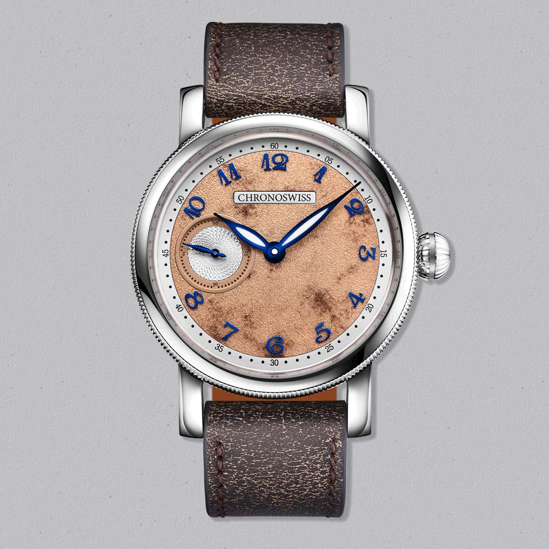 Chronoswiss Evolution Small Second Desert with hand guillochéd dial, small seconds display and Manufacture Calibre C.6000 in stainless steel.