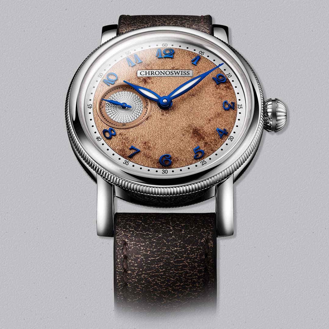 Chronoswiss Evolution Small Second Desert, a modern mechanical timepiece crafted in Lucerne with textured dial and stainless steel case.