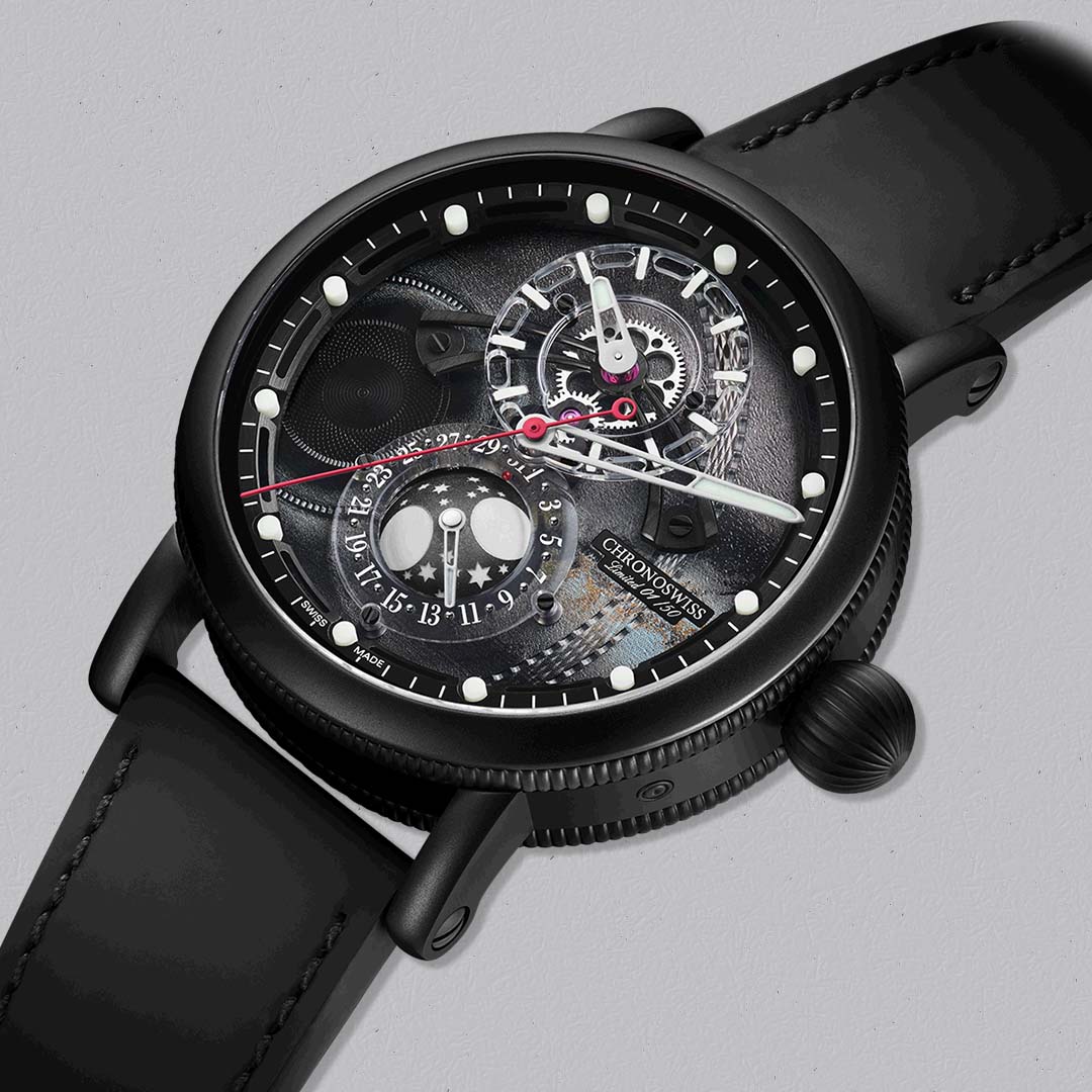 The Evolution Space Timer Black Hole by Chronoswiss features a sculptural dial and contemporary independent design.