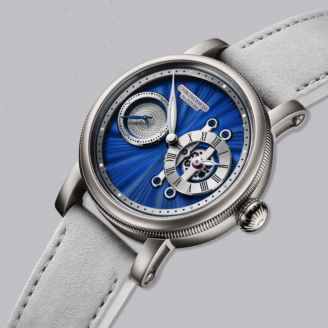 The Evolution STRIKE TWO STELLAR BLUE by Chronoswiss features a matte grey steel case and celestial blue dial. Limited edition of 100.