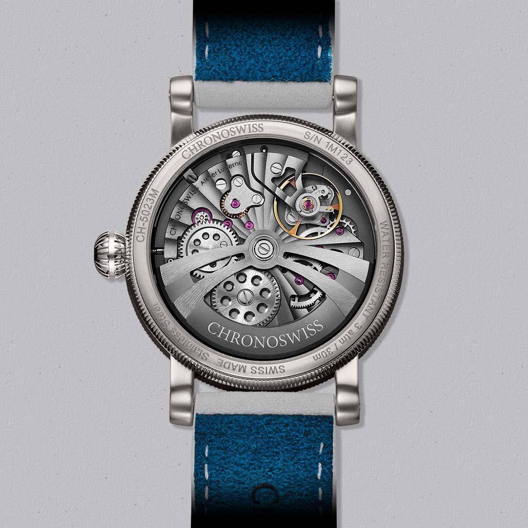 Discover the Chronoswiss Evolution STRIKE TWO STELLAR BLUE, inspired by starlight with a blue guilloché dial and regulator display.