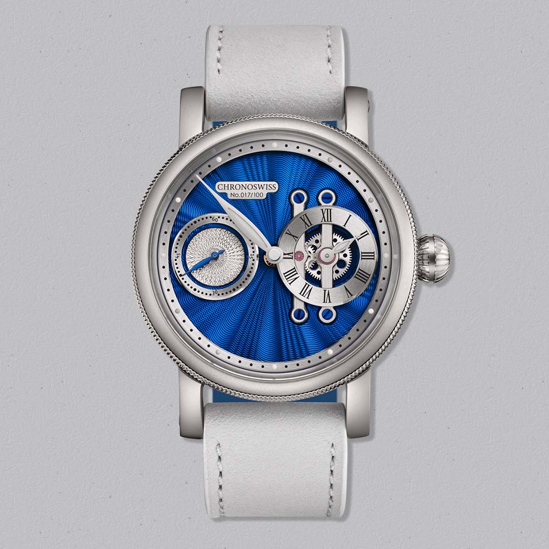 Chronoswiss Evolution STRIKE TWO STELLAR BLUE with a hand-guillochéd CVD blue dial and Manufacture Calibre C.6000. Limited to 100 pieces
