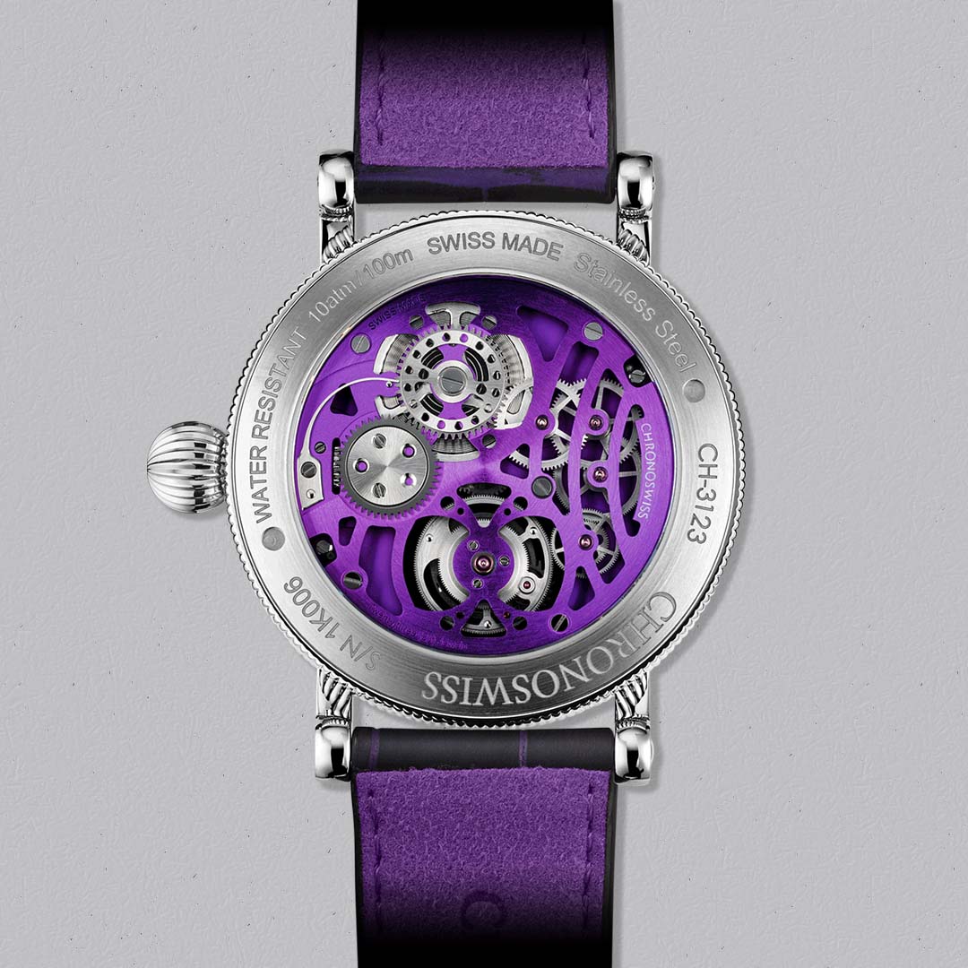 Discover the Chronoswiss Tourbillon Underworld, a bold modern tourbillon with open dial and purple accents.