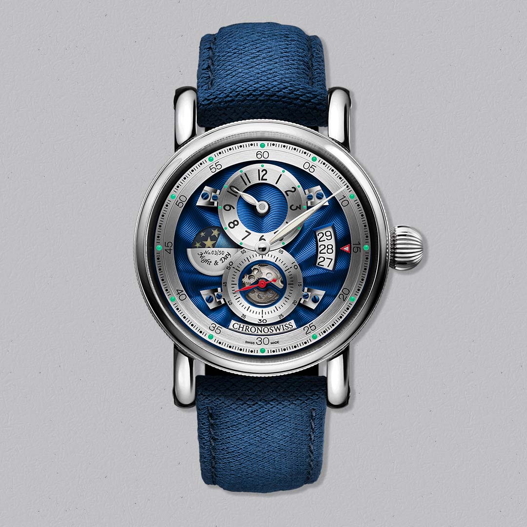 Chronoswiss Evolution Night & Day Midnight with hand guilloché blue dial and 3D day night display. Limited edition.
